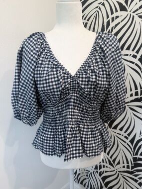 Old Navy Navy and White Gingham Peplum Puff Sleeve Top
